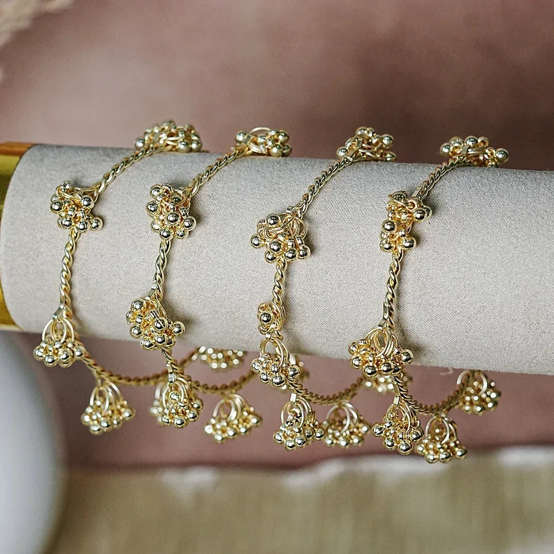 Ghungru Style Antique Gold Polished Metal Kada Bangles (Pack of 4) - The Golden Cascade